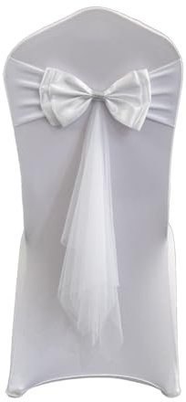 Egurs Elastische Stuhlschleife mit Tüll Organza Schleife Stuhlhussen Stuhl Schärpe Band Schleifenband Stuhlband Schleifen Dekorationen für Hochzeit Jahrestag Partys Heimdekoration Weiß