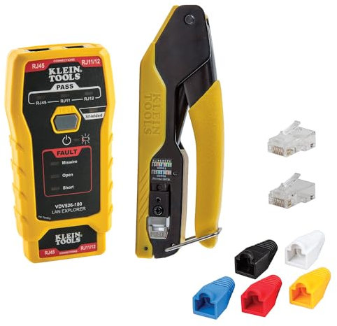 Klein Tools 80093 Testeur de câble, kit VDV LAN avec testeur LAN, pince à sertir, fiches CAT6/CAT5e et gaine anti-tension, 5 pièces
