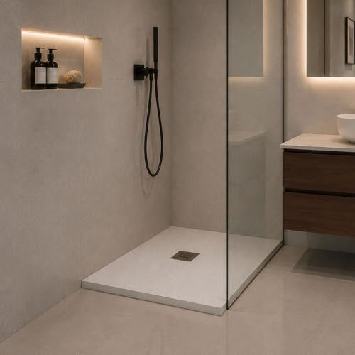 Yellowshop - Piatto doccia quadrato marmoresina 80x80 o 90x90 cm h 2,5 cm HEAVY Bianco con sifone, piletta e copripiletta inox (cm 80x80)