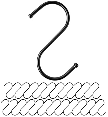 S-Haken zum Einhängen, 24 Stück, in Schwarz, Metallhaken für bis Ø 32 mm Stangen, Länge 85 mm, S Haken für Küche, Kleiderstange, Garage, Topf, Pfanne, Tasse, Hängehaken, Küchenhaken, Doppelhaken Set