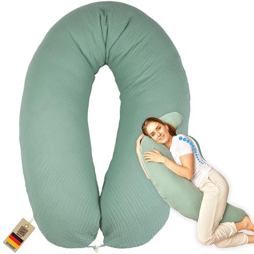 sei Design Stillkissen XXL Mikroperlen-Füllung mit Musselin-Bezug aus Baumwolle [100% Bio-Baumwolle ], Lagerungskissen Schwangerschaftskissen Seitenschläferkissen 190x30 cm groß