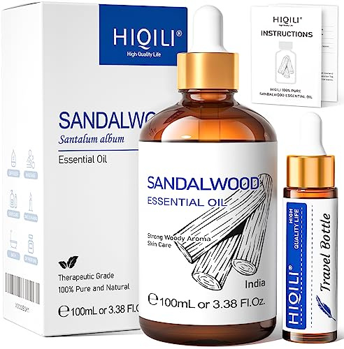 HIQILI Sandelholz Ätherisches Öl, für Haut, Diffusor und Kerzen | Beruhigender Duft für Aromatherapie und Massagen, Geeignet für Haarpflege, Badezusätze und Raumduft - 100ml / 3.38 fl oz