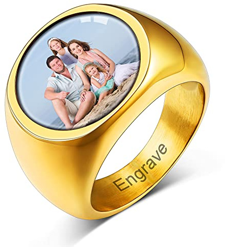 Custom4U Personalisierter Siegelring Herren Edelstahl mit Farbbild/Schwarzes Bild Gravur Memorial Männer Jungen Ehering Verlobungsring Silber/Schwarz/Gold Ringgröße 54.4(17.25)-72.3(22.75)