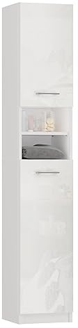 CDF Badezimmerschrank Hochschrank 180 cm - Schmal Badschrank Aufbewahrungsschrank mit Tür Griff Badregal für Bad Waschküche WC Platzsparend Modern Rechts Links Montierbar – Weiß Glanz