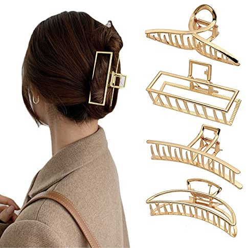 ZSPERKLA Lot de 4 grandes pinces à cheveux pour cheveux épais, pinces à cheveux antidérapantes en alliage doré pour femmes et filles