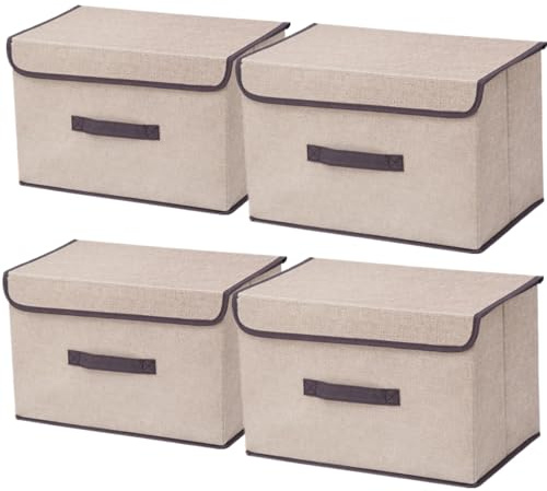 NCRGB 4 Stück Stoff Faltbare Aufbewahrungsboxen mit Deckel 36×23×24cm,Stoffaufbewahrungsbehälter mit Deckel,Kleiderschrank Organizer für Kleideraufbewahrung,Raumorganisation,Spielzeug-Beige Weiß