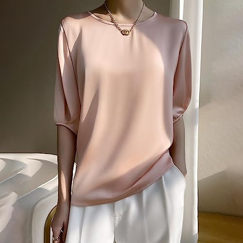 Camicia Donna Elegante,Donna Elegante Top in Seta Girocollo Camicie Estive Manica Media Elegante Camicetta Top A Tunica in Raso Canotte di Base Sexy Canotte Sottili T-Shirt per Ragazze Donne,Rosa,XL