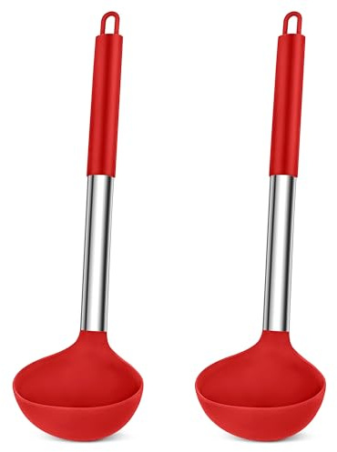 HaWare Suppenkelle, 2 Stück Silikon Schöpflöffel Set, 30cm Schöpfkelle mit Edelstahlgriff, Groß Soßenkelle zum Servieren und Schöpfen von Suppen & Eintöpfen, Hitzebeständiger & Spülmaschinenfest, Rot