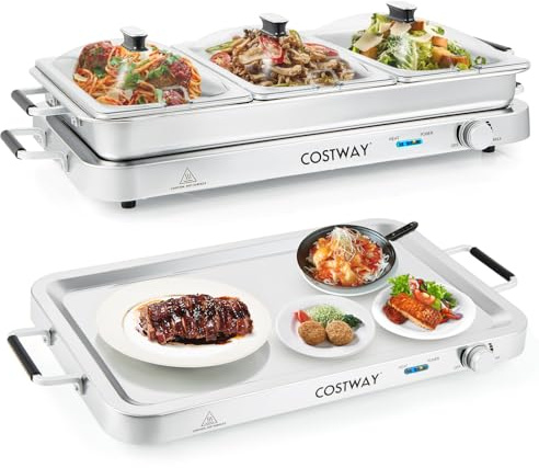 COSTWAY 9L Scaldavivande Elettrico Portatile con 3 Vassoi in Acciaio | 2 in 1 Vassoio Riscaldante Elettrico con Controllo della Temperatura 450W per Buffet Feste