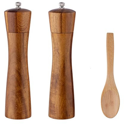 Generic 8 Inches Salt and Pepper Mills Set with Wood Spoon, Manual Wooden Salt Mill Shaker Pepper Mill Set with Adjustable Ceramic Milling Rotor, DSZDHJM-0082