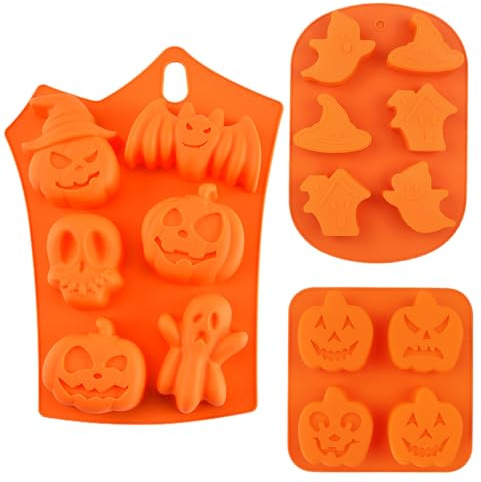 YXHZVON 3 Stück Halloween Kochen Silikonform, Halloween Schokoladenformen, Multifunktionale Form Silikon für Insgesamt 16 Hohlräume, Enthält Elemente wie Geister, Kürbisköpfe, Hexenhüte usw (Orange)