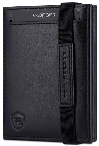 VON HEESEN Slim Wallet mit Münzfach & RFID Schutz - Leder Geldbörse Herren klein - Mini Geldbeutel Damen Portmonee - Kartenetui Echtleder Karten Portemonnaie - Kreditkartenetui Schwarz glatt