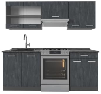 Vicco Küchenzeile R-Line, Schwarz Beton/Anthrazit, 200 cm | 5 Module · Höhenverstellbare Füße · AP Anthrazit inkl. · Robuste Fronten · Mit Glasschrank · Frei kombinierbar