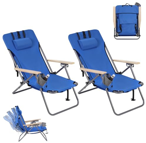 WOLTU Campingstuhl faltbar, 2er-Set, Klappstuhl Angelstuhl Strandstuhl Camping Stuhl, Klappsessel Rucksack Design, 4-stufig-Rückenlehne Holzarmlehnen, mit Seitentasche, aus Oxford-Gewebe, Blau