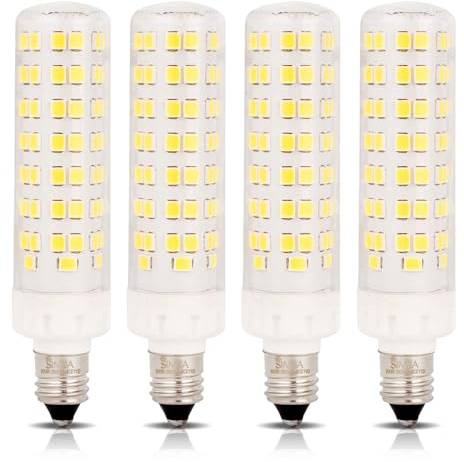 Simba Lighting LED E11 T6 Mini-Candelabra JD Light Bulb 8W 75W to 80W Halogen Replacement (4 Pack) 94SMD2835 Corn JDE11 120V for Chandeliers, Sconce, Cabinet Lighting, Daylight 6000K, Dimmable