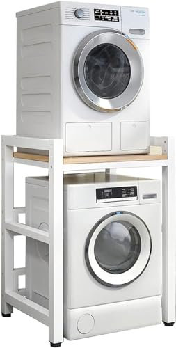 GYDUHYE Kit d'empilage réglable, lave-linge et sèche-linge à chargement frontal – Support portable avec capacité de 400 kg – Unité de rangement pour lave-linge (couleur : cadre blanc + noyer clair)
