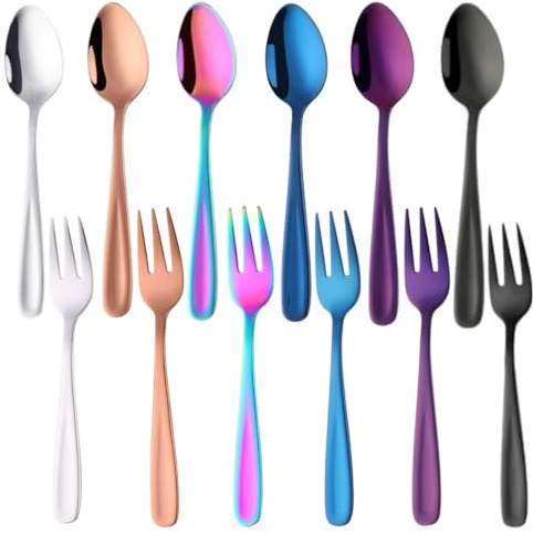 TEAHAHA 5.4 inch Stainless Steel Teaspoons Espresso Spoons and Dessert Forks Set, Set of 12，6 Forks and 6 Spoons, for Salad, Appetizer, Cake,Fruit (Mix Colors)