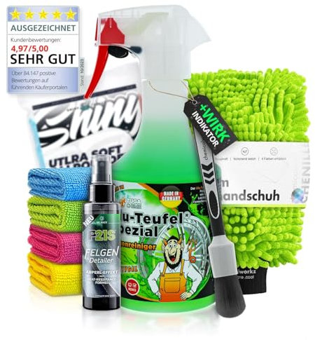 Felgenpflege Set: TUGA Chemie Alu-Teufel Spezial (500ml) Premium Auto Felgenreiniger + Dr. Wack Felgen Detailer + Zubehör - schonende & gründliche Reinigung für Alufelgen & Stahlfelgen | 5-teilig