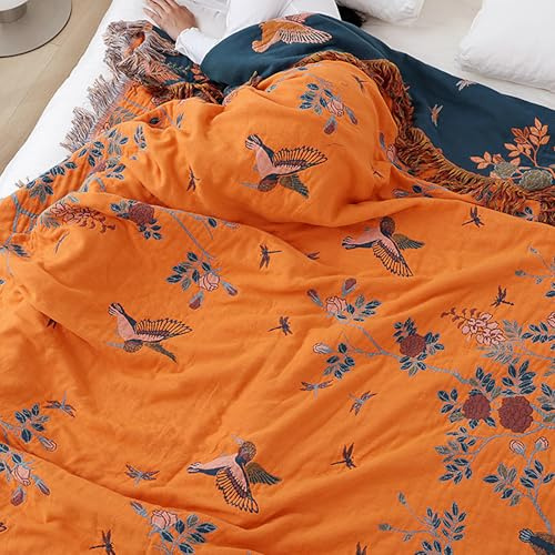 Snylcce Dubbelsidig bohemisk stor filt – 100 % organisk bomull handvävd säng och sofföverkast, mysig boho-accent för 2–3-sits soffor och fåtöljer – 150 x 200 cm, orange fågel