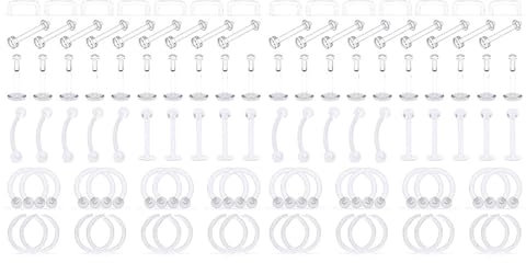 Tolldek Nase Piercing Ring 104Pcs, 1.2mm Kreis U Circular Barbell Clicker Hufeisen Nasenringe Set Klein Transparent, Ring Tragus, Lippen Piercing Ringe Ohrringe Schmuckset für Frauen