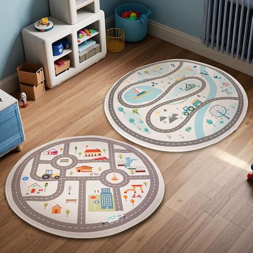 Mulaibdin 2 Pcs Kids Rug, Kids Rugs for Bedrooms Round, Car Play Mat For Toddlers, Baby Play Mats for Floor, Nursery Rugs & Carpets Boys Girls, Kid Bedroom Rug 80cm for Decor(Car Road)