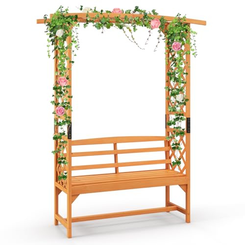 COSTWAY Arco Jardín con Banco, Madera de Abeto, Pérgola para Plantas Trepadoras con Banco de 2 Plazas, 160 x 50 x 199 cm, Arco de Rosas Jardín Patio, Natural