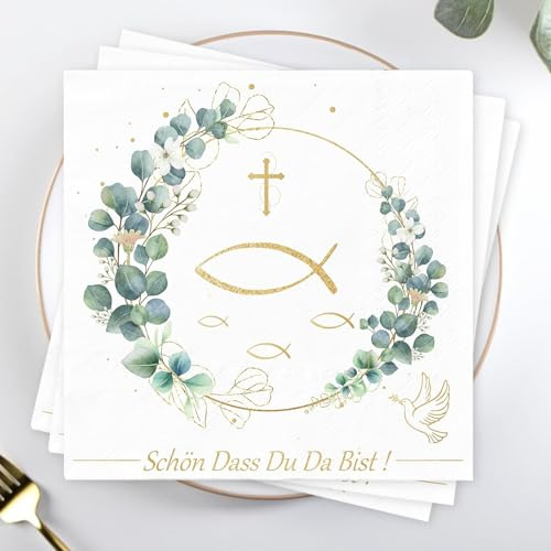 Scinzene Servietten Kommunion - 40 Stück 3-lagige Papierservietten mit Eukalyptusdesign, Schön Dass Du Da Bist, Ideal für Taufe, Kommunion und Konfirmation, 33x33 cm