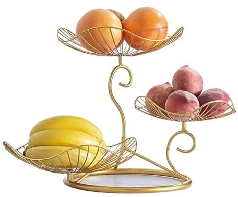 Plato de frutas Arte del hierro dorado de lujo creativo, tres niveles, frutero de 3 niveles, decoración del hogar, mesa de centro, drenaje de agua, cesta de frutas de metal, decoración de la sala de e