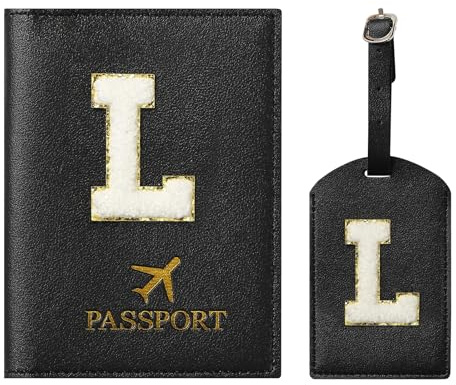 ZVRSUA Reisepasshülle und Gepäckanhänger-Set mit Buchstaben-Patch,Pass Hülle Personalisiert, Personalisiertes Reisegepäck-Zubehör, Geschenk, sehr süß für Frauen, Teenager, Mädchen (Schwarz L)