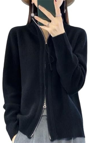 CupitiDU Suéter de cuello alto con cremallera completa para mujer, manga larga, punto acanalado, frente abierto, chaqueta gruesa y cálida, sudaderas ligeras con cremallera, Negro, XL