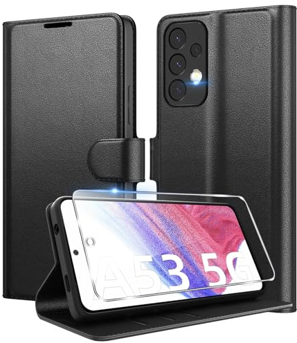 Eirltiy Handyhülle für Samsung Galaxy A53 5G Hülle Premium PU Leder, Wallet Kartenfach Standfunktion Schutzhülle Stoßfeste Klapphülle Flip Case mit 1 Schutzfolie Schwarz