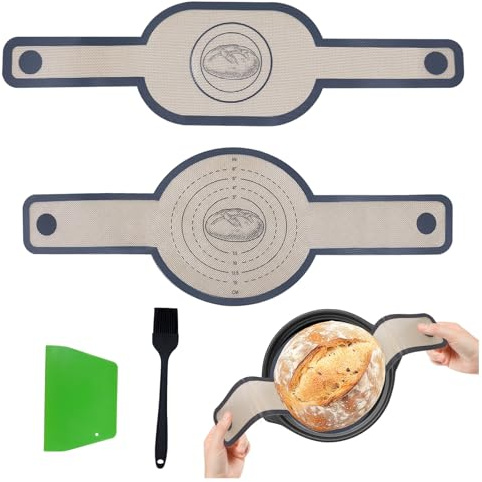 Primasage 2 Pièces Tapis à Pain avec 1 Raclette et 1 Pinceau à Pâtisserie, Élingue Pain Silicone peut Facilement Soulever le Pain de la Poêle, Idéal pour Faire du Pain au Levain