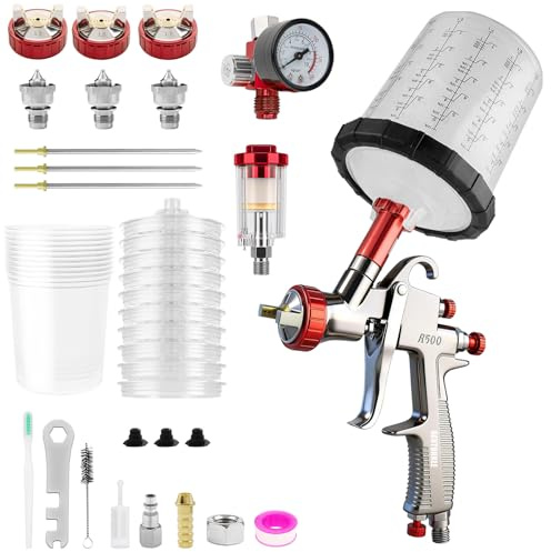 R500 LVLP Pistolet à Peinture avec 3 Buses 1,3mm 1,5mm 1,7mm et Bol Mélangeur 650 ML, Pistolet à Peinture pour Voitures avec Accessoires de pulvérisateur de Peinture