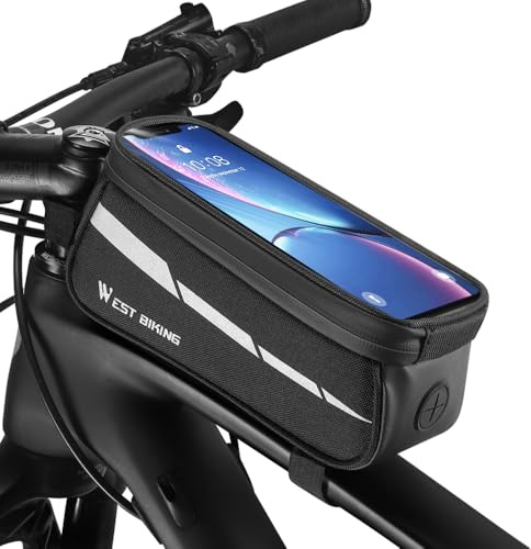 ZIMAOER Fahrrad Rahmentasche Lenkertasche mit Handytasche, 1L Oberrohrtasche mit Touchscreen für Smartphone bis 7 Zoll, Wasserdicht & Reflektierend, Handyhalterung für E-Bike MTB Rennrad (Schwarz)