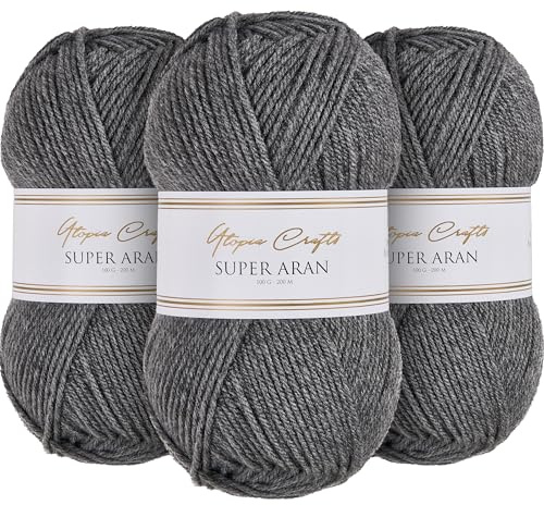 Utopia Crafts Super Aran Lot de 3 pelotes de fil à tricoter et à crochet Gris fumé 100 g