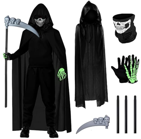 MEISHANG Costume Mietitore Bambino,Costume Morte Bambino-Lnclude un Mantello con Cappuccio, Cappuccio,Falce,Maschera e Guanti-Costumi Halloween Morte(Taglia bambino 90 CM)