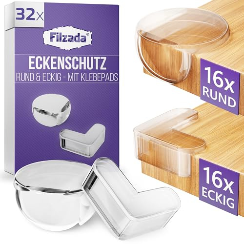 Filzada® 32x Kantenschutz Baby Rund & Eckig Transparent - Eckschutzkanten | Tischeckenschutz Klebepads für Sicherheit - Kinder Eckenschutz für Tisch, Schrank - extra starke Haftung - selbstklebend