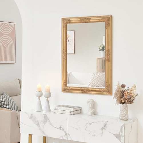 [en.casa] Specchio da Parete Rettangolare 80x60 cm Specchio Decoratvo con Cornice Dorata in Legno di Eucalipto Stile Barocco Montaggio Verticale e Orizzontale
