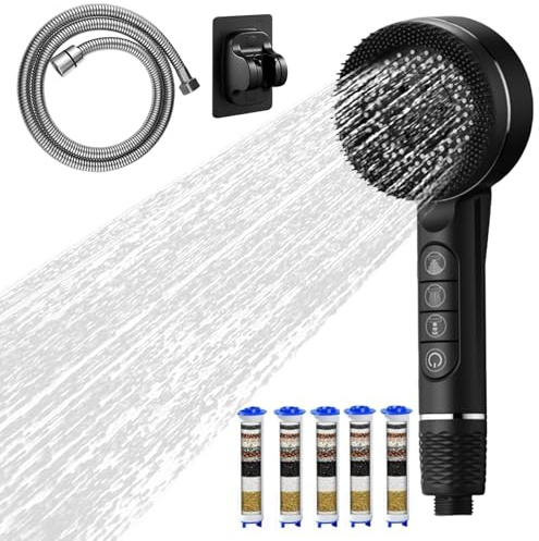 Pommeau de Douche avec Tuyau, Anti Calcaire Douchette avec Filtre haute pression, Economiseur Douches Filtrante Reglable Bain avec 4 Modes de Pulvérisation, 5 Filtres, Tuyau de 1,5 m et Support