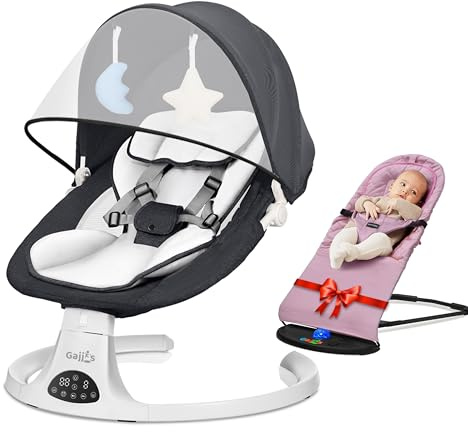 Baby Bouncer from Birth with 5 Swing Speed, 3-Stage Timer and Remote Control, Baby Swing Chair from Birth with 2 Plush Toys & Soft Padded Newborn Bouncer (Black)