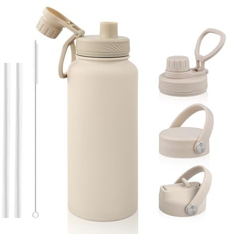 Ecofocet 1L Edelstahl Trinkflasche strohhalm,Thermosflasche,Trinkflasche edelstahl mit Strohhalm,BPA-Frei,mit 3 Deckel,Doppelwandisolierung,Kohlensäure Geeignet,für Sport,Reisen,Camping