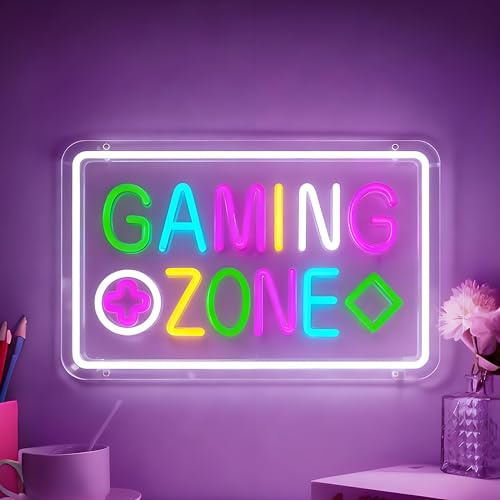 Gaming Zone Neon Schild, LED Gaming Neon Sign für Wand Deko, Dimmbare Game Neonlichter USB Power für Spielzimmer Schlafzimmer Wohnzimmer Bar Pub Club Mann Höhle Home