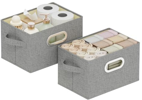 ENUMAIL Offene Stoffboxen Aufbewahrung mit Griffen,26x20x17cm,Grau,2 Stück | Faltbare Aufbewahrungsbox aus Leinen,Waschbare Aufbewahrungskörbe mit Verstärkungsnähten,Ordnungsboxen mit PP Stützplatte