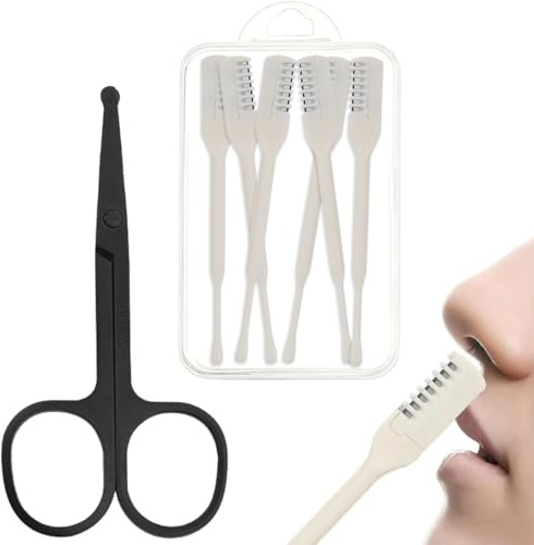 KIRZAX Set 6 couteaux à oreilles 2-en-1 + 1 Ciseaux Poils de Nez - Inoxydable Trimmer 360°, Portable pour Bart/Oreilles/Nez & Cuticules