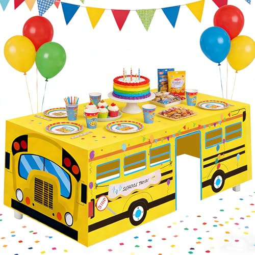 WUEURU 10FT x 7.5FT School Bus Tablecloth,Table Fort Tent Cover Playhouse,Back to School Table Cloth Decorations,Indoor & Outdoor Tablecloth for School Bus Theme Party Birthday Supplies