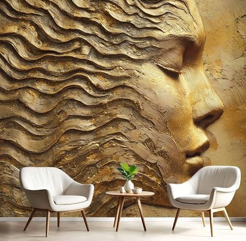 Tapete 3D-Relief Abstraktes Frauengesicht Wandbild, Dunkelbraun Fototapete für Wohnzimmer Schlafzimmer Seidentapete XXL Wandtapete TV Hintergrund Wand Deko, Streifen Mustertapete 350×256cm(B×H)