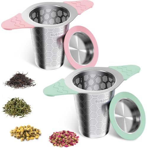 yomanta 2 Stück teesieb für losen tee mit Deckel, Breiter Griff mit hitzebeständigem Silikon, 304 Edelstahl Teesieb für Teekannen/Tassen - Grün+Rosa