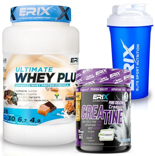 ERIX Nutrición Pack Musculación Whey Ultimate Plus 1Kg+ Creatina Creapure Neutra 300g+ Shaker, Proteína Suero de Leche para Rendimiento Deportivo y Volumen Muscular (Choco caramelo)