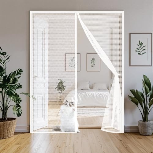 Door Fly Screen 185 x 235 cm with Reinforced Magnetic Strips Auto-Close, No Tools Installation, Keep Insects, Magnetic Door Curtains Fly Screen Kid and Pet Friendly, White