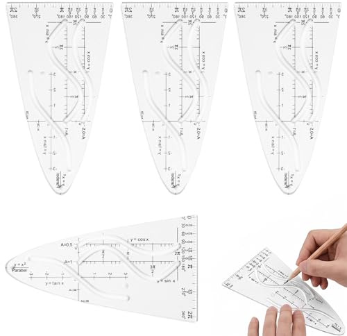 BCHMN Lot de 4 Règles Parabole et Trace-courbes, Pochoir de Dessin Géométrique pour Fonctions Mathématiques, Gabarit de Traçage Transparent pour Scolaire, Collège et Lycée